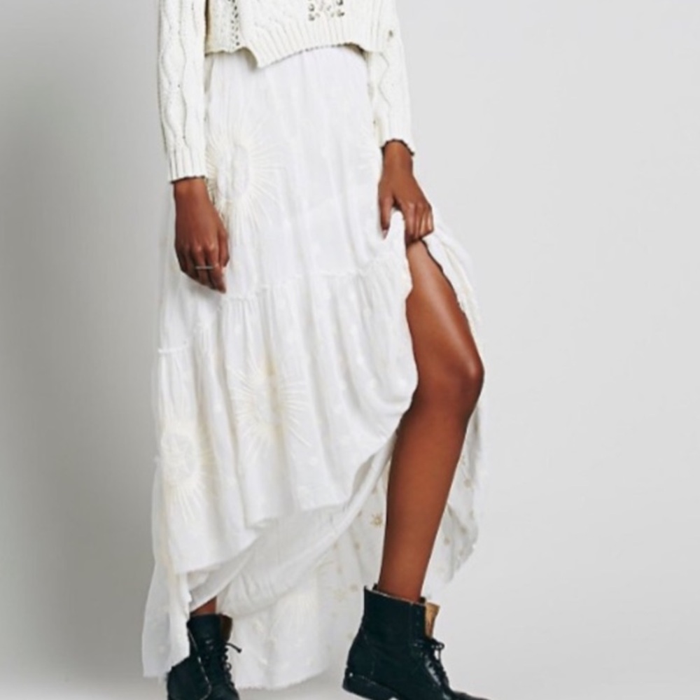 Free People Celestial Boho White Gold Sun Moon Maxi Skirt
